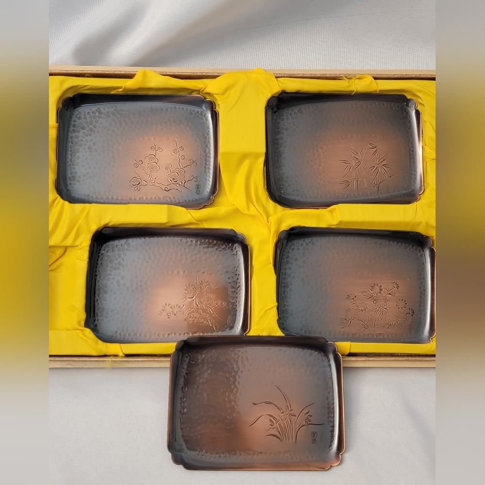 Vintage Japanese Set of Five Copper Small Plates with Floral Designs
